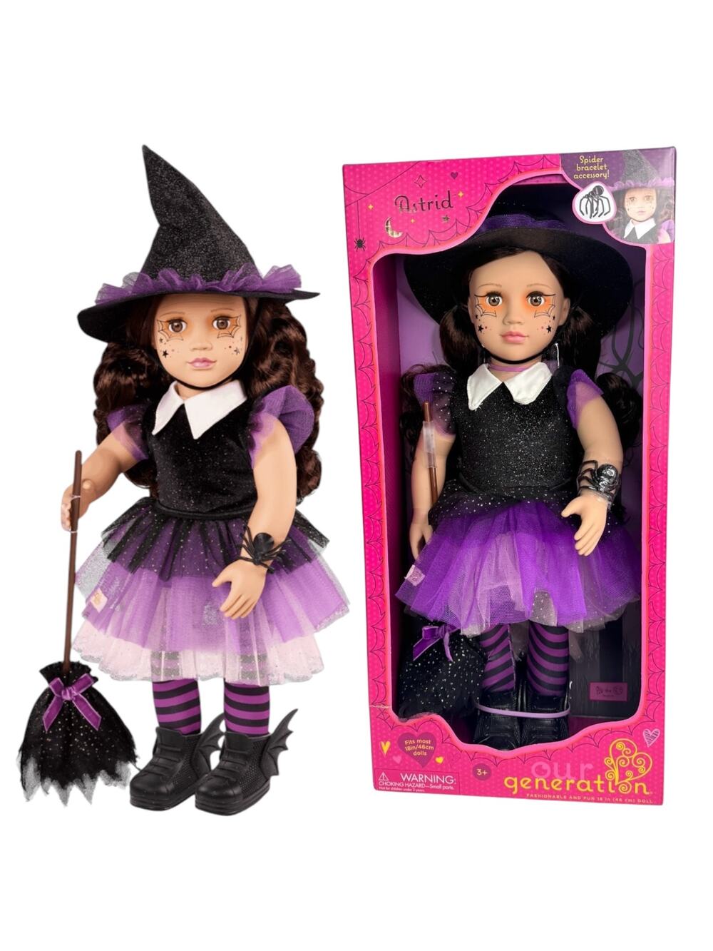 OG Astrid Doll 18” Halloween Outfit Witch Hat Spider Bracelet Broom Boots LE Box
